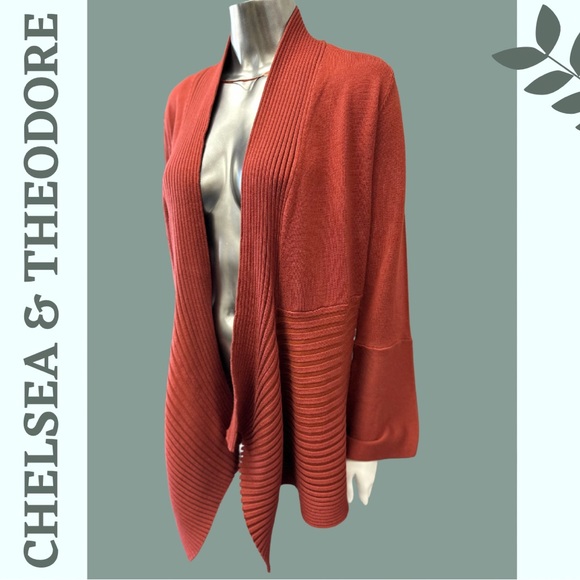 Chelsea & Theodore Waterfall Cardigan Sweater Ribbed Brick Red Orange Size Large - Picture 4 of 8